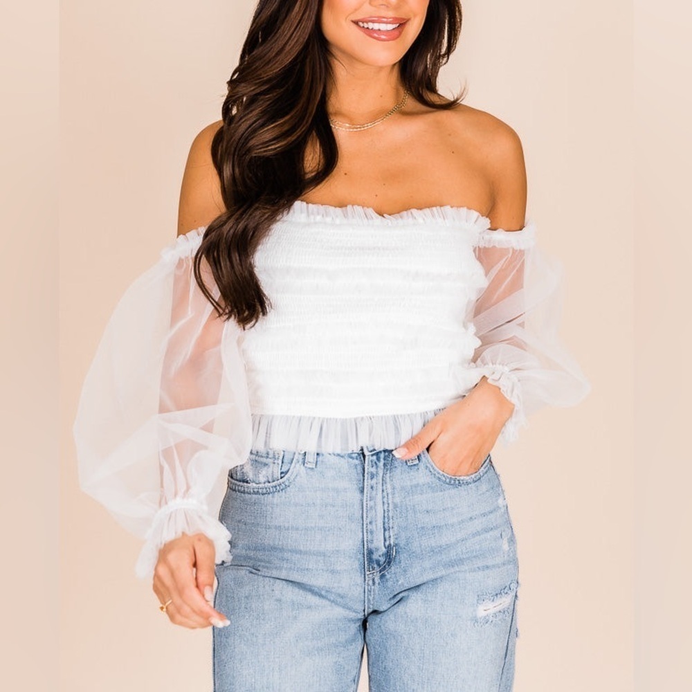 Tea & Cup Ruffled Tulle Sleeve Off Shoulder Shirred Blouse White